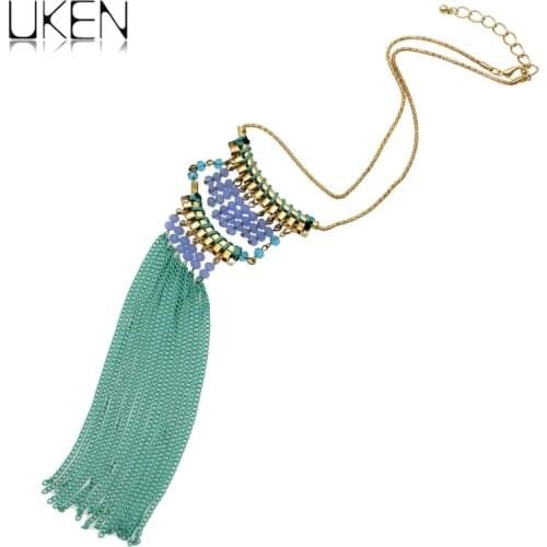 UKEN Bohemian Chic Handmade Beaded Chain Tassel Charm Jewelry Double Layer Crystal Bead Pendants Necklaces For Women Accessories