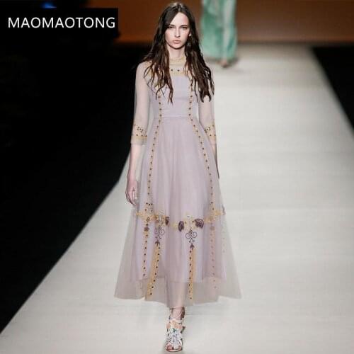 Womens Clothing Fashion Designer Dress Spring Womens Dress Stand collar Stripe Embroidery Mesh Elegant Vintage Dresses