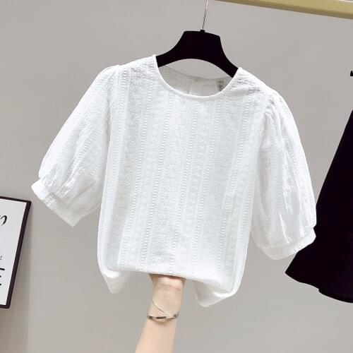 New 2021 Summer Elegant Women O Neck Puff Short Sleeves Solid Color Shirts Female Casual Pullover Tops Sweet Ladies Shirt Blouse