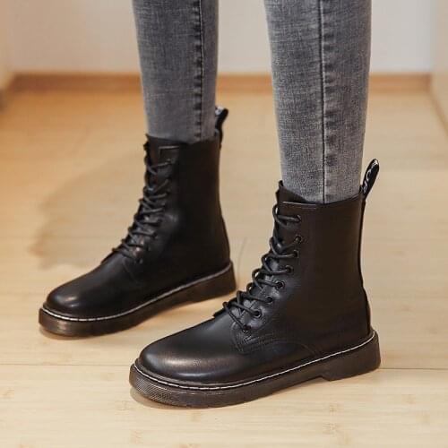Winter Women Biker Ankle Boots Light PU Leather Lace Up Sewing Rubber Basic Round Toe Platform Punk Ladies Shoes Botas Mujer