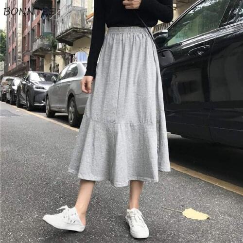 Skirts Women Stretch Daily Ulzzang Side Slit Popular Mujer Autumn Solid Simple Basic Empire Teenagers Midi All-match Casual Chic