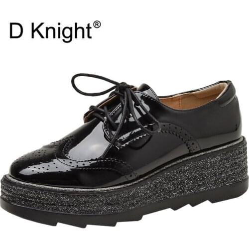 New Pu Leather Casual Oxfords Shoes For Woman High Heels Thick Bottom Platform Women Wedge Shoes Round Toe Lace Up Pumps Creeper