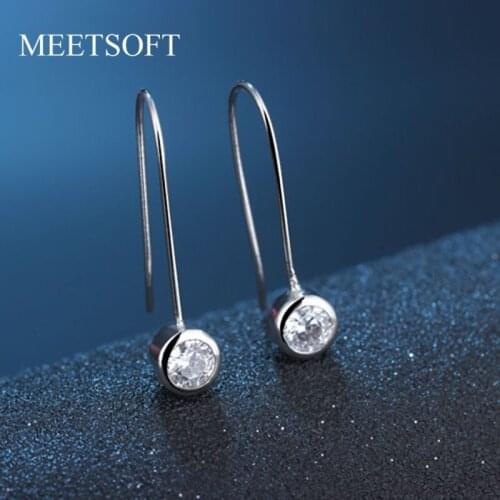 MEETSOFT 925 Silver Prevent Allergy Fashion Drop Earrings for Women Trendy Fashion Single Crystal Round Jewelry Gift