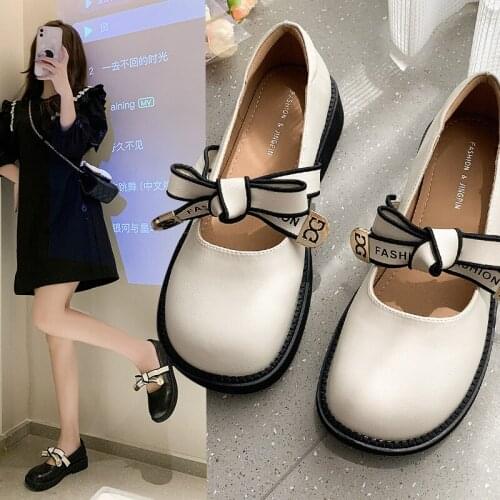 Mary Jane Womens Shoes Autumn 2021 New PU Small Leather Shoes Round Head New Japanese Bow Heel Fashion Womens Single Shoes