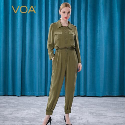 VOA 30M/m Heavy Weight Silk Grey Green Lapel Long Sleeve Single Breasted Generous Pocket Bandage Jumpsuits KE237
