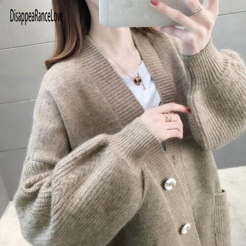 Women Cardigans Sweater V Neck Solid Loose Knitwear Single Breasted Casual Knit Cardigan Outwear Winter Jacket Coat 2020