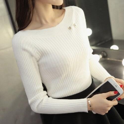 Autumn Winter Women Long Sleeve Boat Neck Slim Knitted Sweet Sweater Top Femme Korean Pull Tight Shirts Jumper 5 Colors