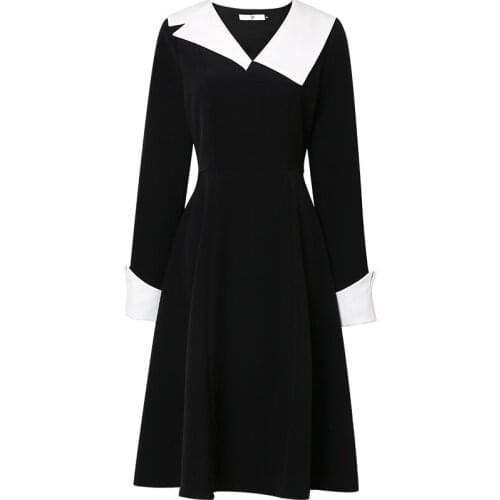 New arrival French style elegant hit color stitching dress women peter pan collar a-line dress
