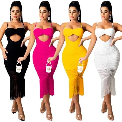 Mesh Sexy Hollow Out Midi Dress Solid Tassel Spaghetti Strap Bodycon Casual Party Club Nightwear Women Summer Mid Calf Vestido