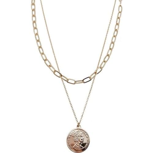 Fashion Gold Double Layer Chain Geometric Round Brand Head Necklace Trend Clavicle Chain Net Red New Necklaces Wholesale