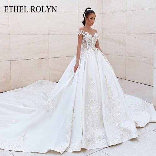 ETHEL ROLYN Ball Gown Wedding Dress 2021 Royal Satin Beaded Lace Appliques Off the Shoulder Princess Bride Gown Vestido De Noiva
