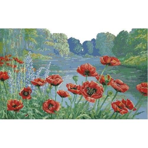 Free delivery Top Quality hot selling counted cross stitch kit red poppy flower lake park garden