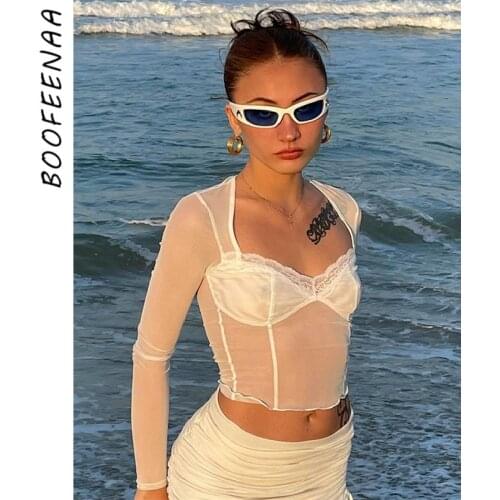 BOOFEENAA Sexy Lace Trim Mesh Crop Top Women Cyber Y2k Vintage See Through Square Neck Long Sleeve T Shirts Black White C85-BB10