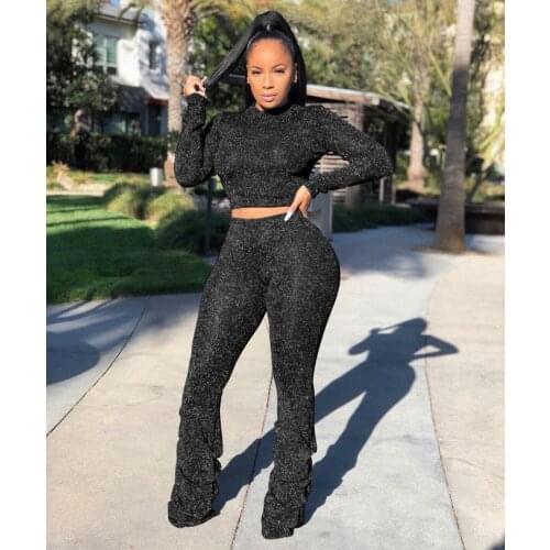 Felyn 2020 Ins Internet Celebrity Famous 2 pcs Women Set Solid Sparkly O-neck Short Tops Long Pants Sexy Outfits