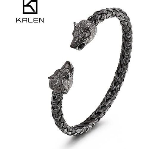 Kalen Black Animal Wolf Head Cuff Bangles Mens Stainless Steel Bracelet Jewelry Accessory
