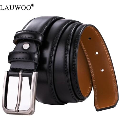 LAUWOO Mens Matching Jeans Business Cowhide Belt Black Color Dark Brown Color women Leather Classic Belt Alloy Pin Buckle