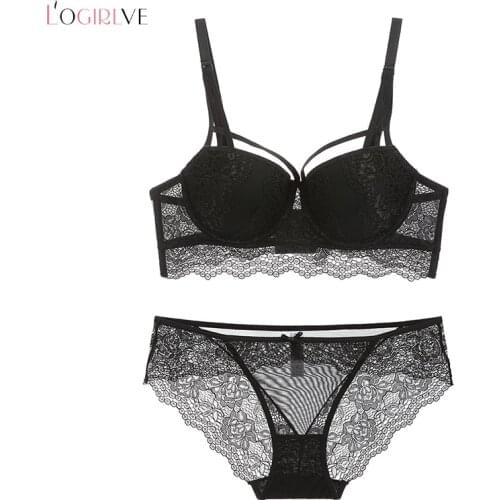 Logirlve Sexy Underwear Set Cotton Push-Up Bra And Panty Sets 3/4 Cup Brand Green Lace Lingerie Set Women Deep V Brassiere Black