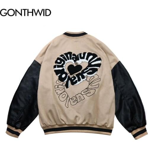 GONTHWID Bomber Jackets Streetwear Embroidery Heart Full Zipper Color Block Pathchwork Coats Hip Hop Casual Loose Harajuku Tops