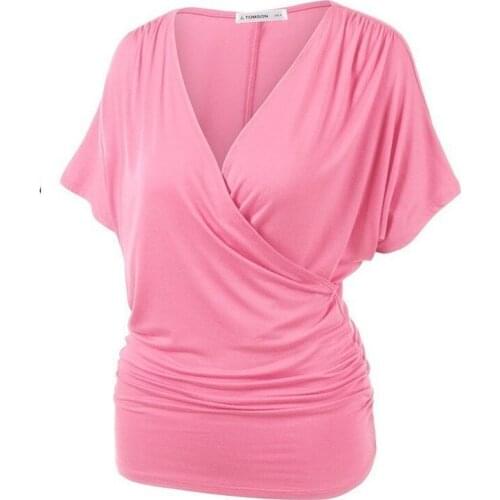 LIBERJOG Women T-shirt Plus Size Bat Short Sleeve V-neck Knitting Stretch Package Buttocks Casual Tops Elegant Female Sexy Tees