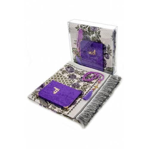 Hajj Umrah Mawlid Set-Velvet Lined Yasin-Prayer Rug-Rosary-Boxed, Gift Embroidered, Fancy, purple