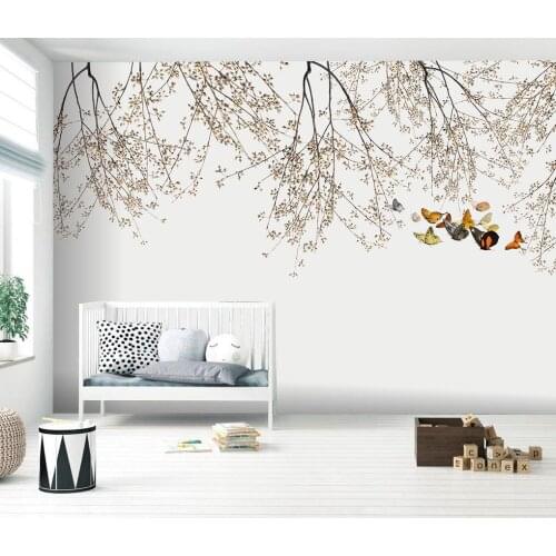 Custom Mural Wallpaper Modern nordic hand-painted branch butterfly small fresh abstract background wall papers home decor