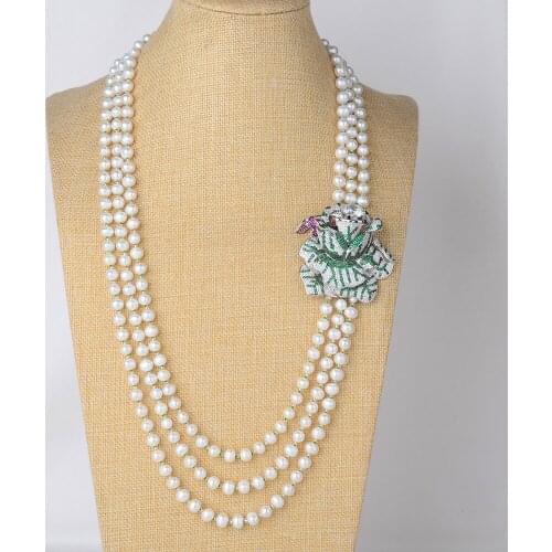 28''-32'' 3 Strands White Pearl Flower CZ Connector Necklace