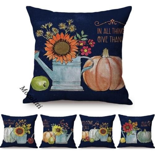 Navy Blue Autumn Harvest Garden Decorative Sofa Pillow Case Pumpkins Sunflower Floral Season Greeting Cotton Linen Cushion Cover