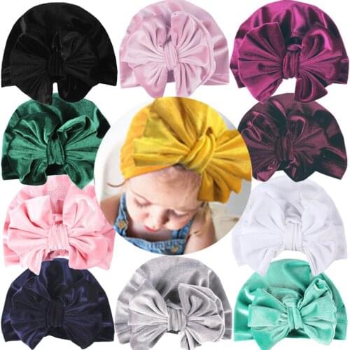 Newborn child Warm Knotted Bowknot Hat Beanie Headwear Cap European and American bow gold velvet hat L1211