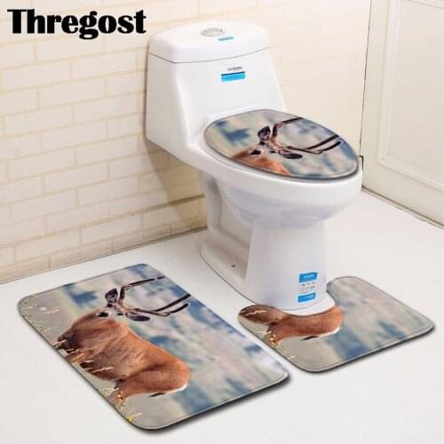 Thregost Animal 3D Print Washroom Mat Toilet Bath Mats Microfiber Flannel 3 pcs Toiletmat Shower Rug Water Absorbent Carpet