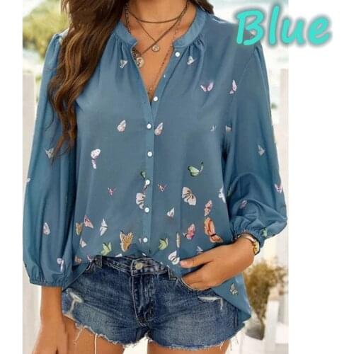 Womens Fashion Loose V-Neck All-Match Shirts Retro Butterfly Printed Lantern Long-Sleeve Streetwear Casual Spring Autumn Tops