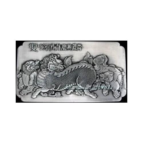 Elaborado viejo león chino doble hacer kirin amuleto de plata tibetana placa favorable 136g