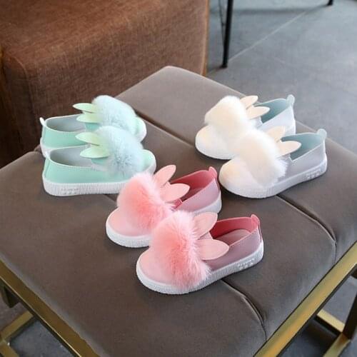 New Style Children Kids Shoes For Girl Leather Cute Toddlers Baby Girls Rabbit Ear Pompom Shoes For Kids Leather Single Shoes