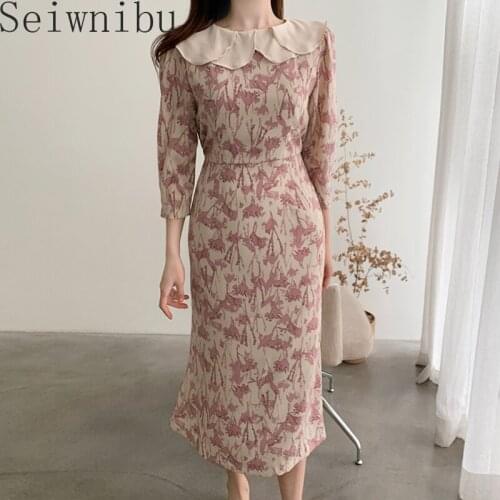 Seiwnibu 2021 Spring Women Dress Casual Peter pan Collar Three Quarter A-line Print 2 Color Dress Fashion Elegant Mid-Calf Dress