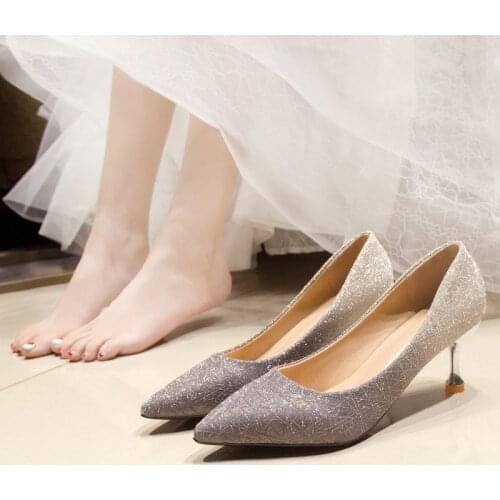 Womens shoes spring and autumn 2021 fashion all-match sequin pointed toe single shoes high heels female stiletto wedding shoes