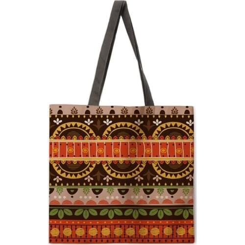 Bohemian pattern linen shopping bag ladies shoulder bag foldable shopping bag outdoor beach handbag female handbag