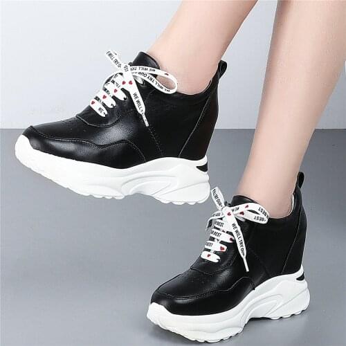 10cm High Heel Punk Creepers Women Lace Up Breathable Genuine Leather Ankle Boots Female Round Toe Fashion Sneakers Casual Shoes