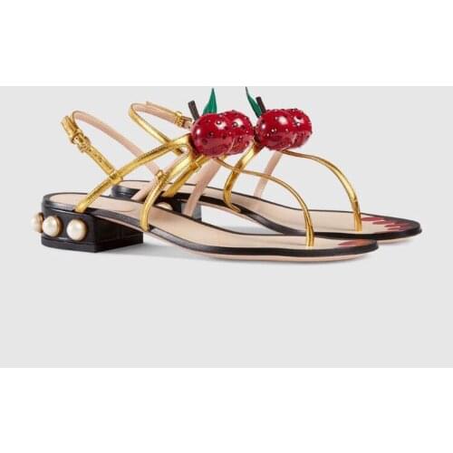 OLOMLB Womens Toe Pearls Cherry Decor Sandals T-strap Slingback Shoes Flats Real Leather Summer Beach Boho 4Colors New 2021