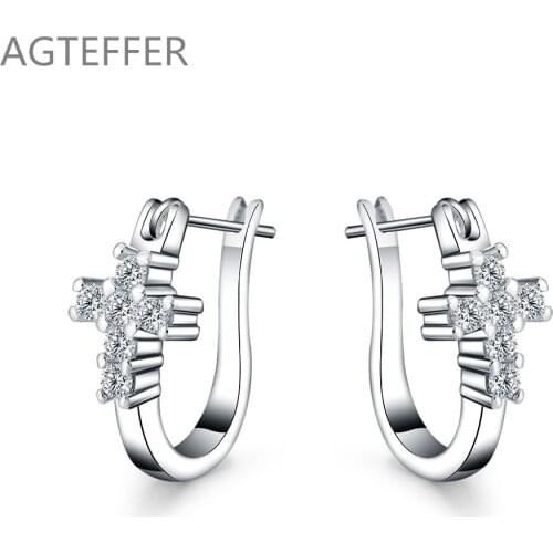 AGTEFFER 925 Sterling Silver U Circle Cross Zircon Earrings For Women Lady Best Gift Fashion Charm Silver Wedding Jewelry