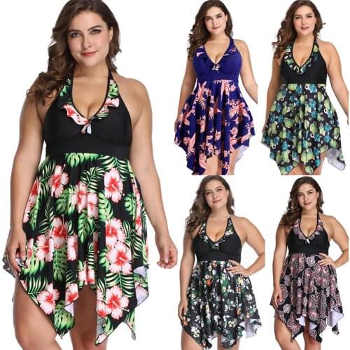 Women Summer Irregular Padded Swimwear Print Halter Swimming Dress Beach Wear Two Piece Swimsuit Bathing Suit Plus Size Tankini