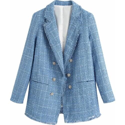 New Vintage Women Tweed Za Blue Long Blazer Female Fashion Jewellery Button Double Breasted Long Sleeve Loose Blazer Outwea K116