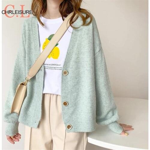 CHRLEISURE Women Knitted Cardigan Autumn Winter Fashion Casual Solid Color Sweater Warmth V Neck Long Sleeve Loose Coat Cardigan