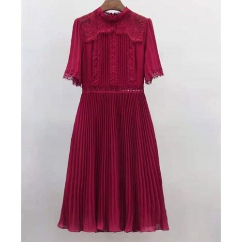 Slim Fit & Flare Dress 2021 Spring Summer Party Vestido Special Occasion Women Crochet Lace Embroidery Red Grey Pleated Dress