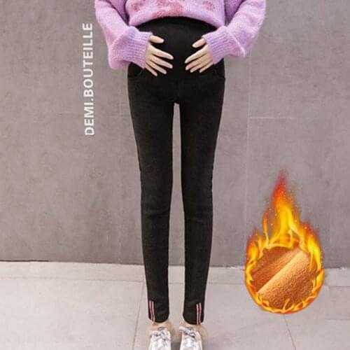 Winter Warm Thick Pregnancy Denim Jeans Warm Fleece Maternity Slim Jeans for Pregnant Women Plus Velvet Maternity Trousers