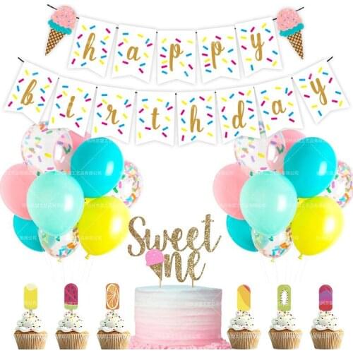 1set Happy Birthday Summer Ice Cream Theme Birthday Party Decoration Glitter Banner Party Decoration Baby Shower Supplies Globos