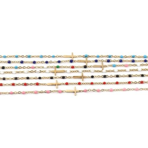 1 PC New Stainless Steel Anklet Cross Gold Color Enamel Multicolor On Foot Ankle Bracelets Women Men Leg Link Chain Jewelry 23cm