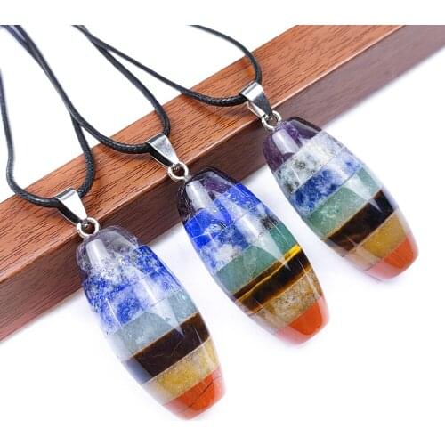 3 /6PCS 19*42mm Seven Chakra Natural Stone Yoga Healing Bucket Beads Necklaces Charms Jewelry Pendant Energy Meditation Pendulum