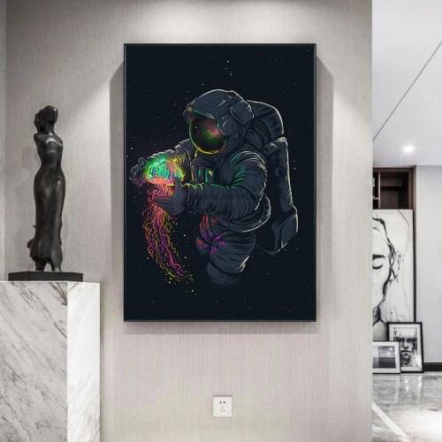 Astronaut Playing Jellyfish In Space Canvas Painting Modern Fun Posters and Prints Wall Art Pictures for Living Room Home Decor