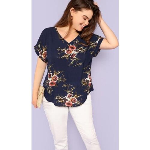 5xl Plus Size Floral Printed Blouses Fashion Casual V-neck Tunic Tops Summer Short Sleeve Womens Shirts Elegant Рубашка Женская