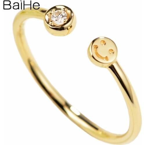 BAIHE Solid 14K Yellow Gold 0.02CT I/J Sparkling Natural Diamonds Wedding Trendy Fine Jewelry Making Smile Diamond Ring Women