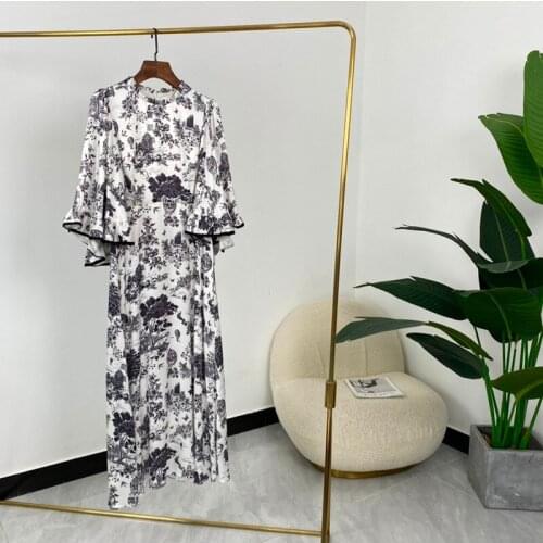 Summer New Arrival High Quality Animals Botanics Print Half Flare Sleeve Ladies Vintage Elegant Viscose Dresses